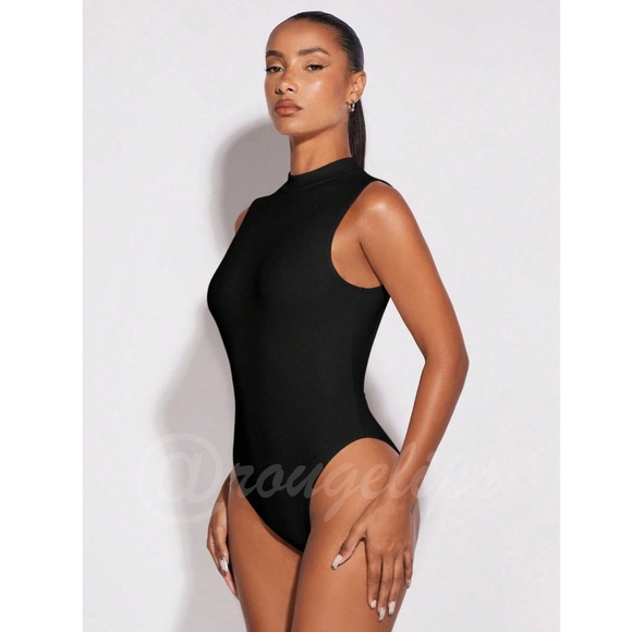 Black Cut Out Back Bodysuit Backless High Hip  High Neck, Sleeveless - Picture 6 of 8
